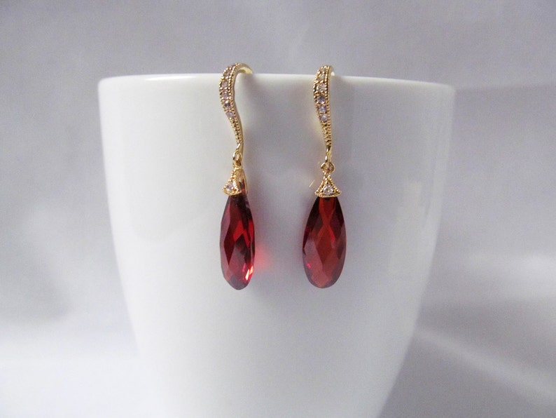 red crystal earrings, gold and red earrings, red prom earrings, red drop earrings, red earrings gold, red teardrop earrings, ruby earrings, image 3