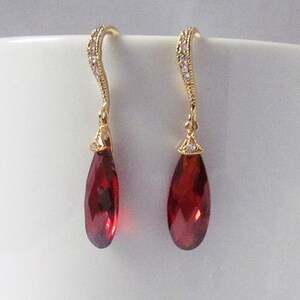 red crystal earrings, gold and red earrings, red prom earrings, red drop earrings, red earrings gold, red teardrop earrings, ruby earrings, image 2