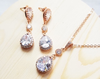 Rose gold earrings and necklace set, rose gold wedding jewelry