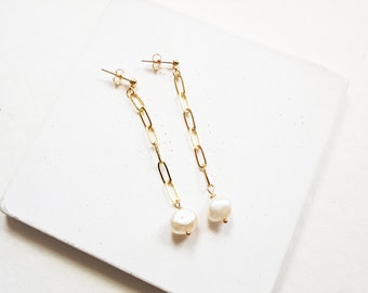 Baroque pearl drop earrings, pearl earrings with link chain