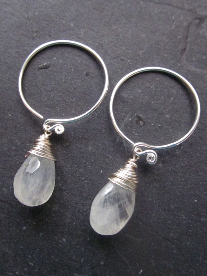 silver earrings, sterling silver earrings gemstone earrings hoop earrings with charm raw crystal earrings moonstone earrings