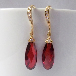 red crystal earrings, gold and red earrings, red prom earrings, red drop earrings, red earrings gold, red teardrop earrings, ruby earrings, image 1