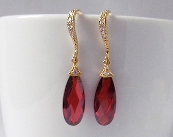 red crystal earrings, gold and red earrings, red prom earrings, red drop earrings, red earrings gold, red teardrop earrings, ruby earrings,