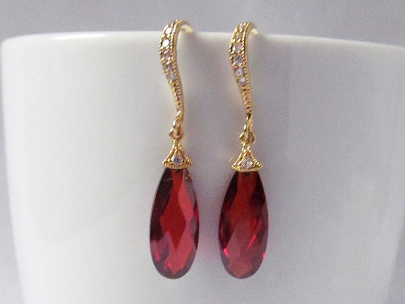 red crystal earrings, gold and red earrings, red prom earrings, red drop earrings, red earrings gold, red teardrop earrings, ruby earrings, image 1