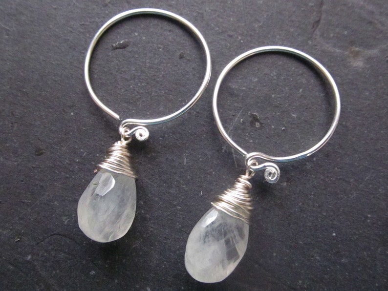 silver earrings, sterling silver earrings gemstone earrings hoop earrings with charm raw crystal earrings moonstone earrings