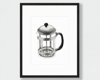 French press kitchen wall art print, watercolor painting, perfect for minimalist kitchen decor or housewarming gift