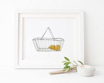 Kitchen wall art print of lemons in a wire basket, watercolor print for modern, black and white kitchen decor, housewarming gift