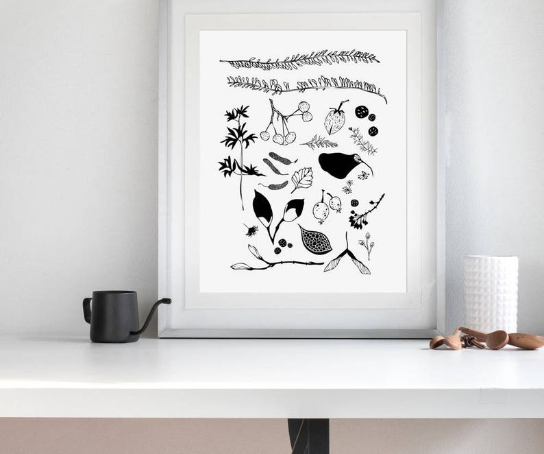 Botanical Artwork, gallery wall art black, black white plant, nature inspired, modern scandi art, black white art, floral, apartment decor image 3