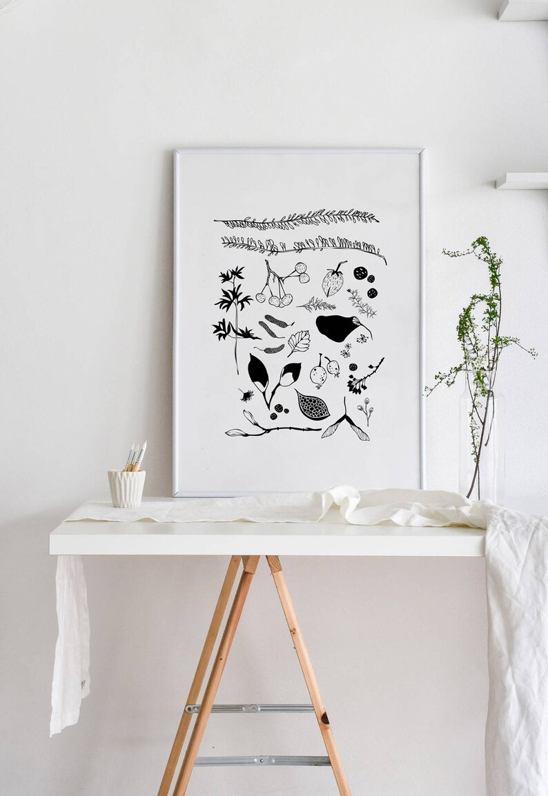 Botanical Artwork, gallery wall art black, black white plant, nature inspired, modern scandi art, black white art, floral, apartment decor image 2