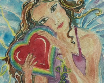 Cartes d'art : Ange d'amour avec cœur / Aimant / Saint-Valentin / Ange / Carte de Noël / Ange avec cœur / Ailes / Charmant / Fille / Corset