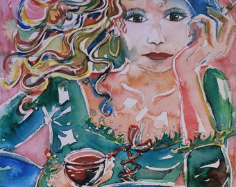 10 Kunstkaart: Francaise wachtend met Wijntje en sigaret / Roodharige Schone / Meisje / Liefde / Krullende haren / Gebroken Hart / Frankrijk