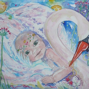 Carte d’art Bébé en cygne / En attente / Annonce de naissance / Naissance / Fête des Mères / Babygirl / Beaux yeux / Cygne / Enceinte / Naissance