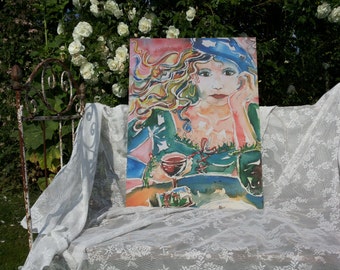 Aquarel op Canvas gedrukt *: Francaise met glas rode wijn / sigaret / baret / mooie ogen / Art / Corsetje / Sterke vrouw / Café / Gezellig