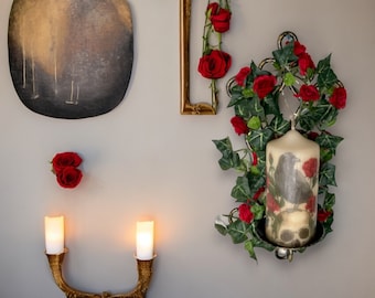 Crow and Skull Candle with Floral LED Metal Wall Sconce