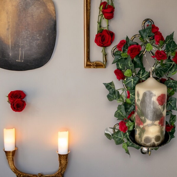 Crow and Skull Candle with Floral LED Metal Wall Sconce