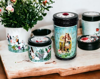 Black Alice in Wonderland Round Decorative Tea Tin/Storage Tin