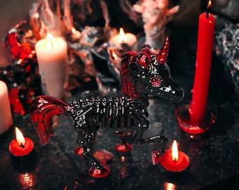 Red Foil Leaf Black Unicorn Skeleton
