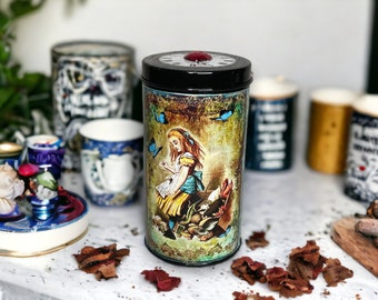 Black Alice in Wonderland Round Decorative Tea Tin/Storage Tin