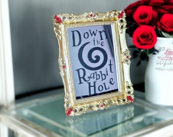Gold Alice in Wonderland Themed Mirror with Down the Rabbit Hole lettering