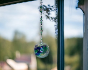 Blue, Clear, and Green Beaded Glass Friendship Ball