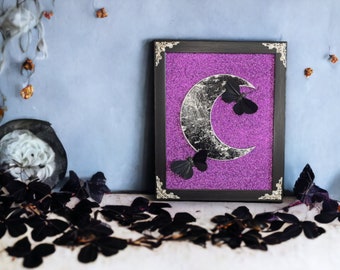 Framed Black Butterflies and Black Crescent Moon with Silver Filigree Embellishments