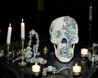 Clear and Silver Crystal Embellished Skull Party Decoration