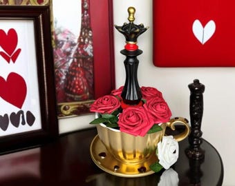 Alice in Wonderland Red Queen Chess Piece and Gold Teacup Centerpiece