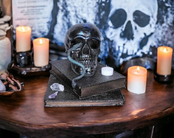 Resin Skull and Snake Book Centerpiece