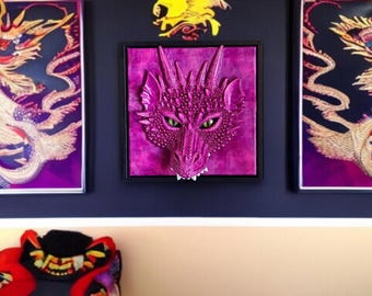 Hand-painted Beaded Dragon Mask Framed Art