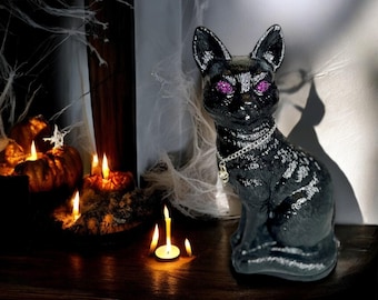 Black Cat with Bird Skull Collar