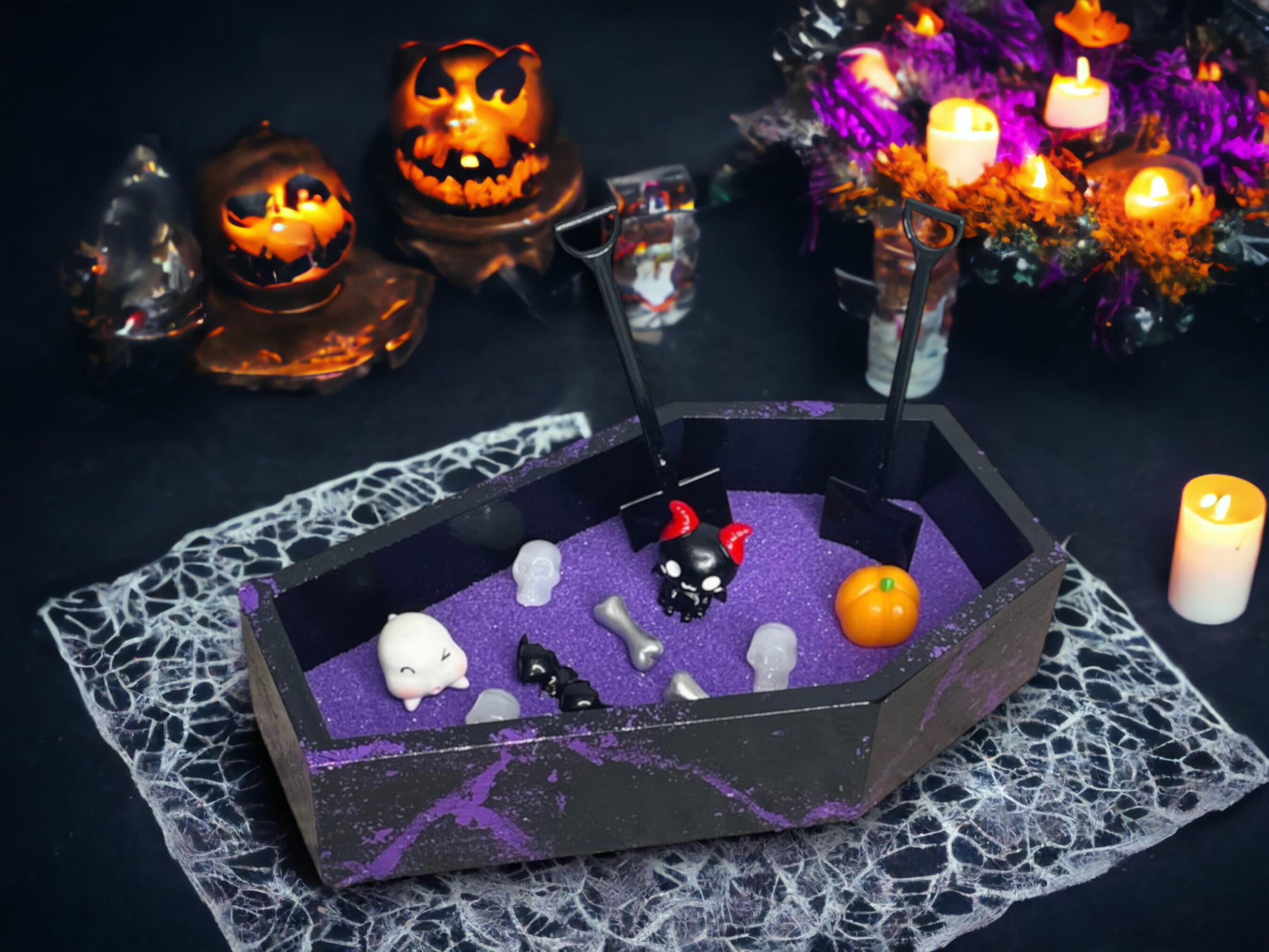 Coffin Zen Garden with Purple Sand, Halloween Decorations Indoor