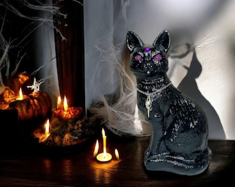 Black Cat with Bird Skull Collar