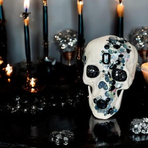 Décoration de fête tête de mort noire, fumée et cristal transparent