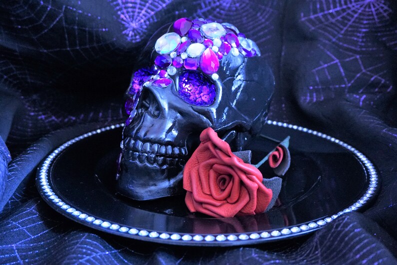 Purple and Silver Crystal Embellished  Black Skull DecorationHalloween WeddingGothic Wedding