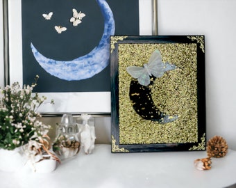 Framed White Butterflies and Black Crescent Moon with Gold Filigree Embellishments