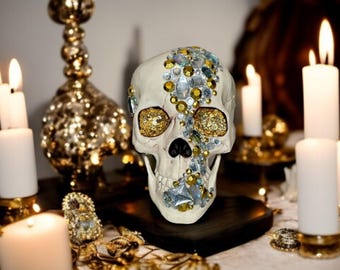 Gold and Clear Crystal Embellished Skull Party Decoration