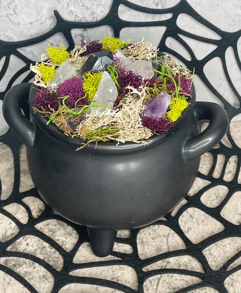 Moss and Crystal Black Cauldron Centerpiece - Etsy