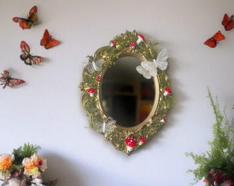 Gold Fairy Mirror with Greenery, Mushrooms, Butterflies, and LED lights