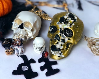 Black, White and Clear Crystal Embellished Gold Skull Party Decoration
