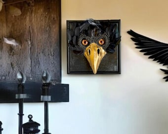 Hand-painted Beaded Crow Mask Framed Art