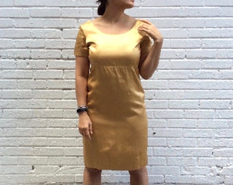 1960's Knee Length Gold Satin Shift Dress / 60s Short sleeve, empire Waist, Cocktail Dress / Vintage Golden Summer, Evening, Party Dress