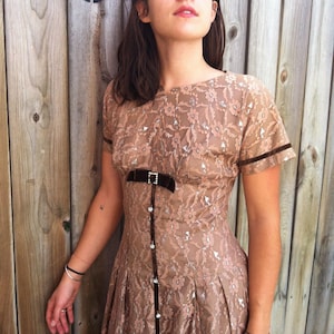 1950&#39;s Romantic Coffee Colored Floral Lace & Velour Cocktail Party Dress / 50s Elegant Vintage Beige Knee Length Dress / Evening Date Dress