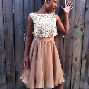1950s Rose Gold Silk chiffon and Off White Lace Top Dress / Vintage Sleeveless Champagne Cocktail Dance Party Dress / 50s Flowy Skirt Dress