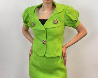 1980s Christian Lacroix Lime Green Blazer and Skirt Set Small/Medium, Bold Retro Pantsuit/Skirtsuit, Designer Neon Business Outfit, Workwear