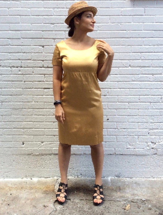 1960's Knee Length Gold Satin Shift Dress / 60s Sh