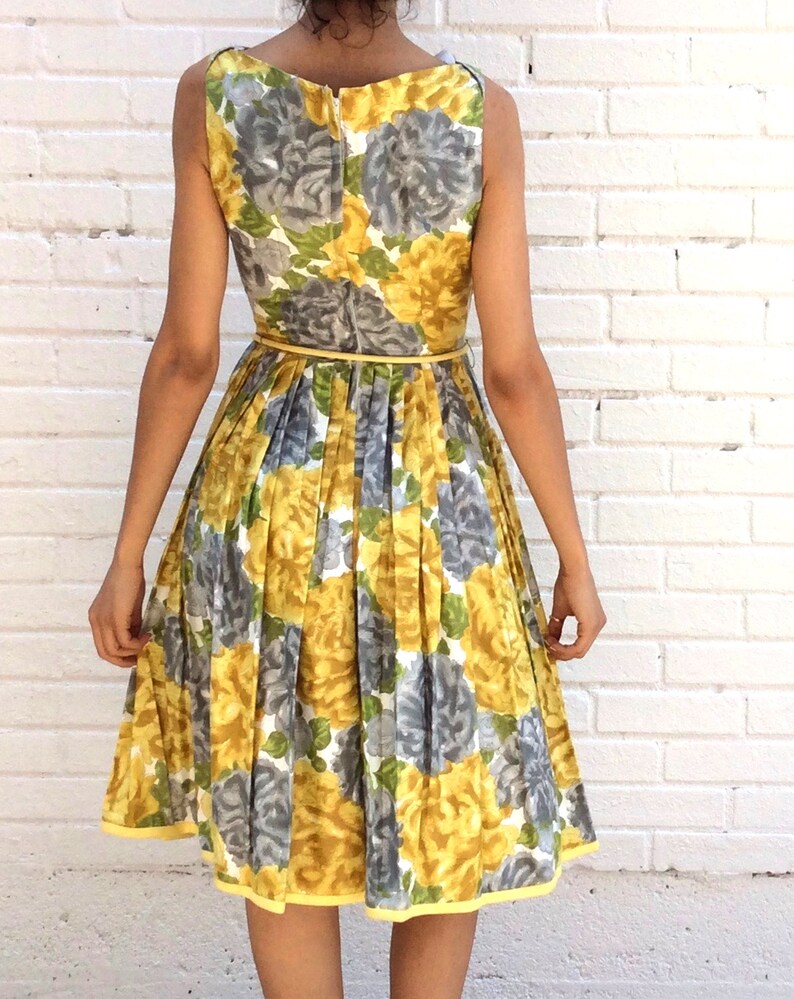 1950's Sleeveless yellow floral Cotton dress Unworn dead Etsy