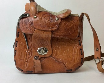 1970s Vintage Saddle Tooled Leather Shoulder Bag, Unique Western Cowgirl Purse, Cowboy Chic Accessory, Fantasy Embossed Leather Handbag