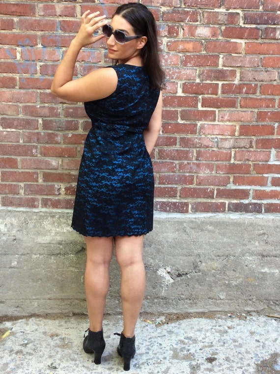 1960's Black Lace and Blue Mini Sheath Dress / 60… - image 3