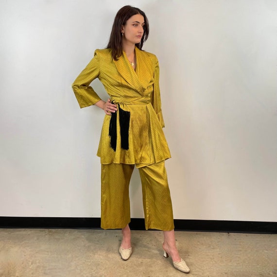 1950s Gold Satin Robe and Pants Loungewear Set, V… - image 1