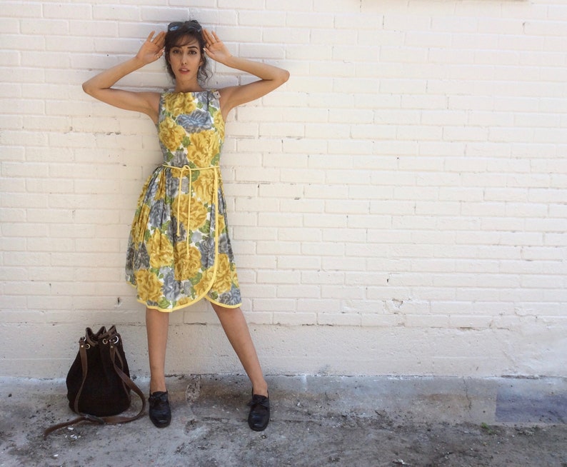 1950's Sleeveless yellow floral Cotton dress Unworn dead Etsy